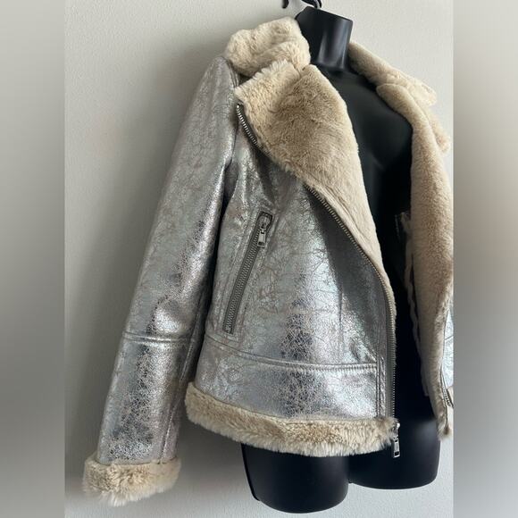 Y2K Tommy Hilfiger Metallic Silver Faux Shearling Moto Jacket | Size S - Picture 2 of 6